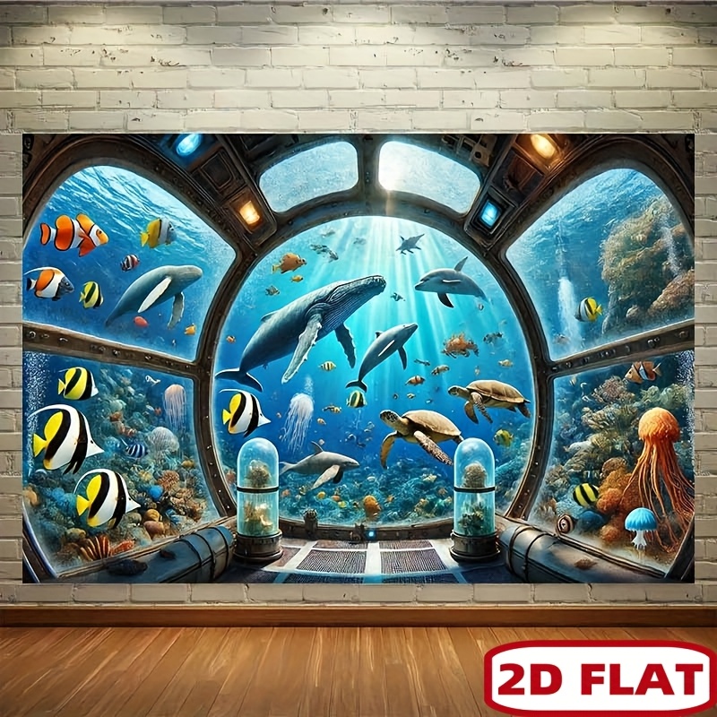 Ocean Aquarium - 수중 잠수함 창문 고래상어 태피스트리 2D